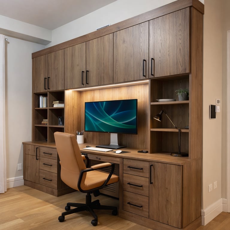 Home office with built-in shelving and desk