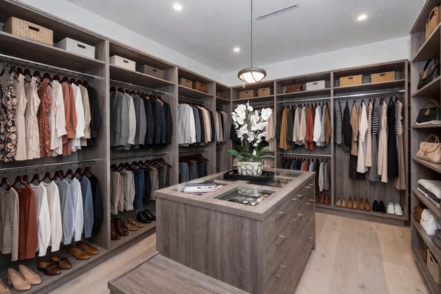 A custom-designed walk-in closet with tailored storage and clean, modern finishes.