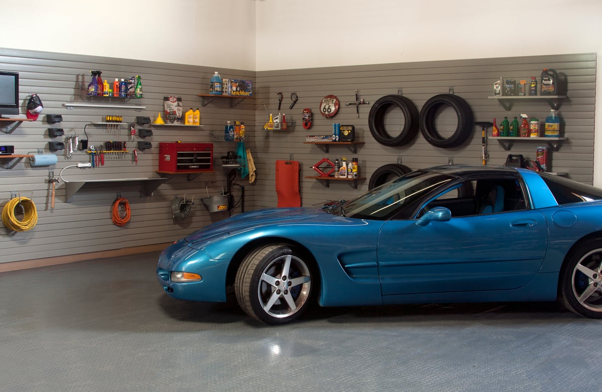 A clean, organized setup with wall-mounted storage and workspace solutions.