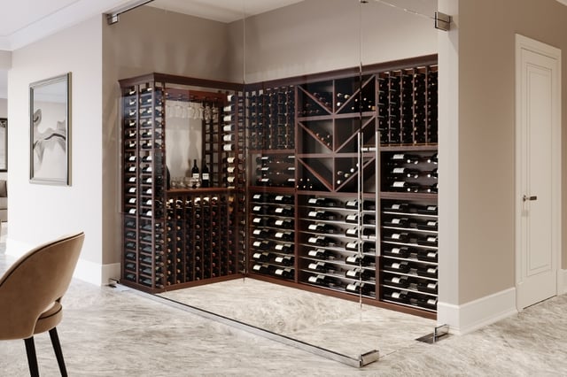 A sleek, built-in cellar with organized racks and elegant display.