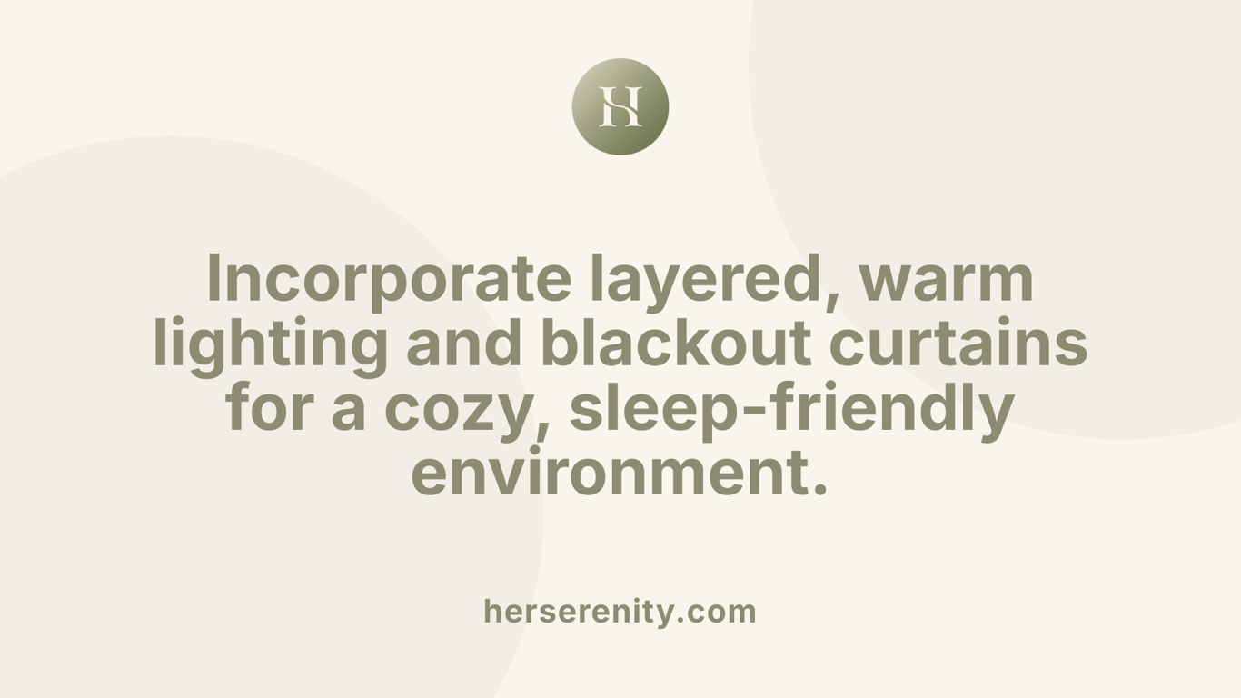 Incorporate layered, warm lighting and blackout curtains for a cozy, sleep-friendly environment.