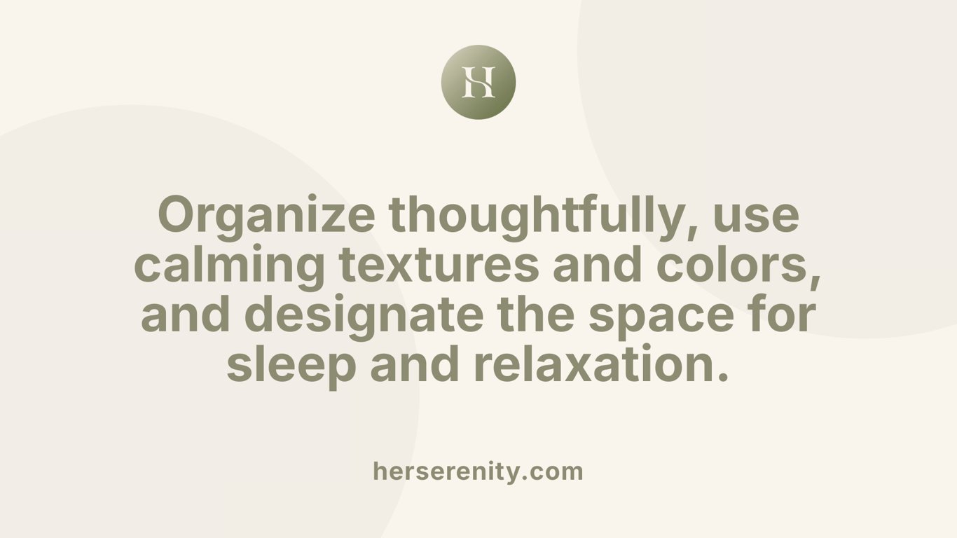 Organize thoughtfully, use calming textures and colors, and designate the space for sleep and relaxation.