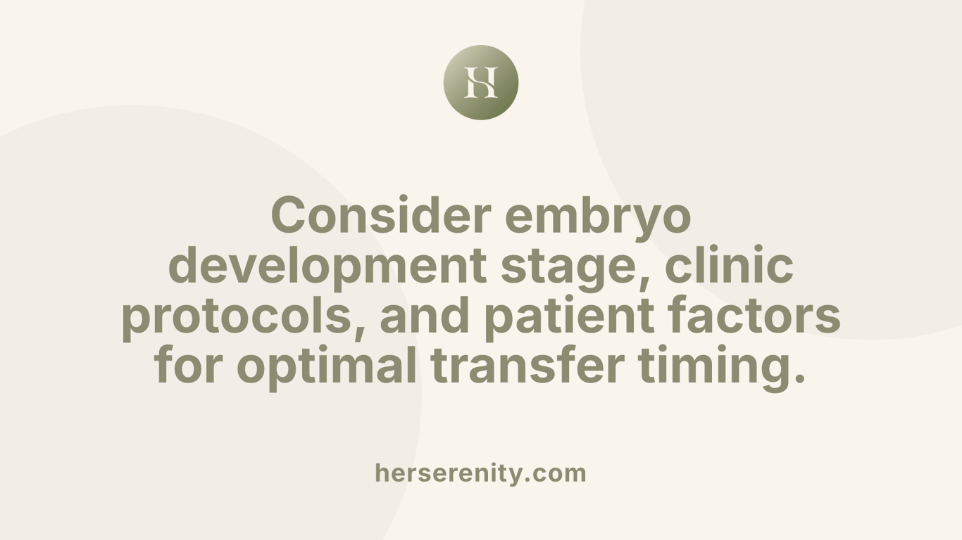 Consider embryo development stage, clinic protocols, and patient factors for optimal transfer timing.
