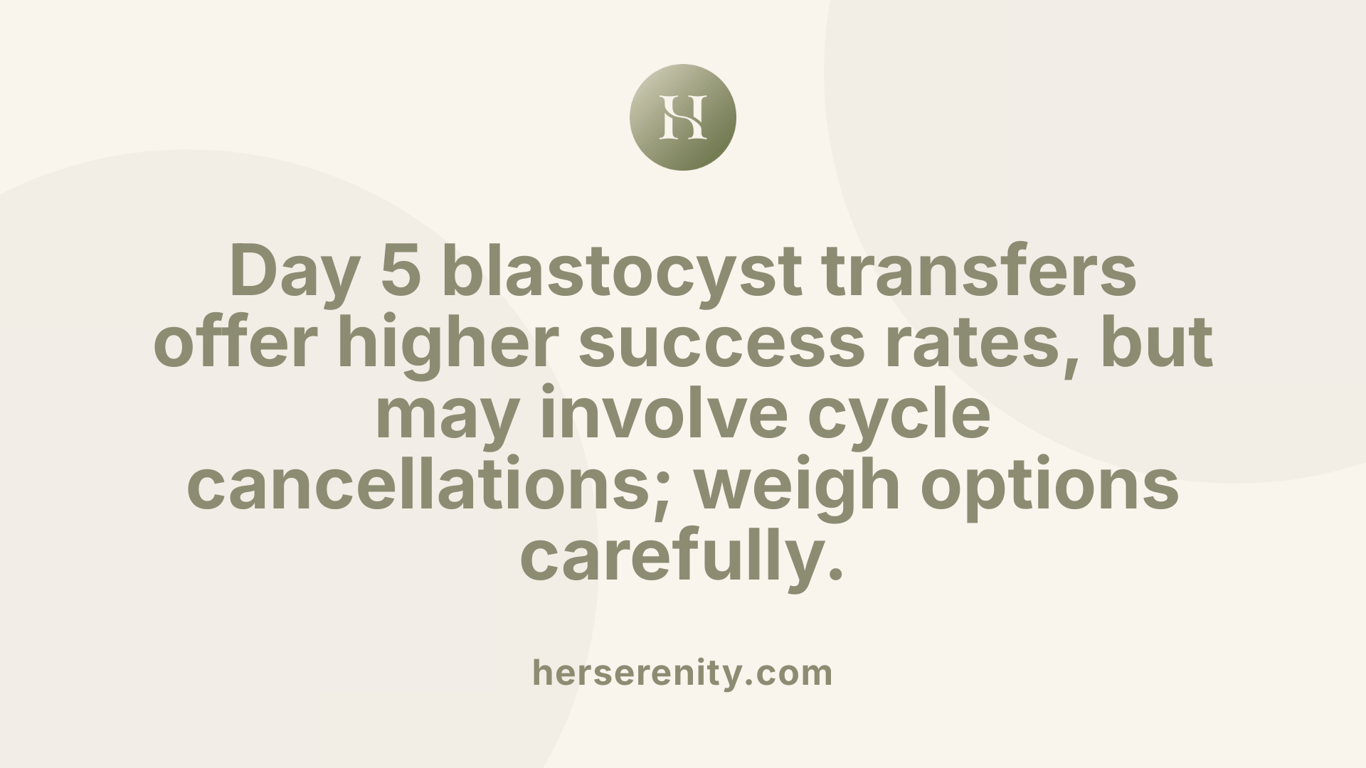 Day 5 blastocyst transfers offer higher success rates, but may involve cycle cancellations; weigh options carefully.