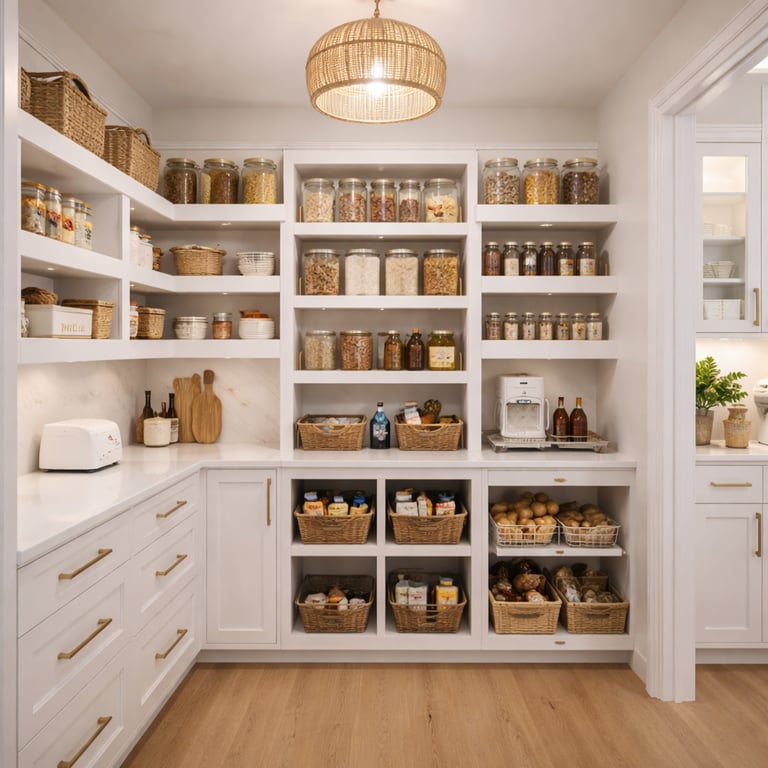 Kitchen pantry with glass jars and organized shelving