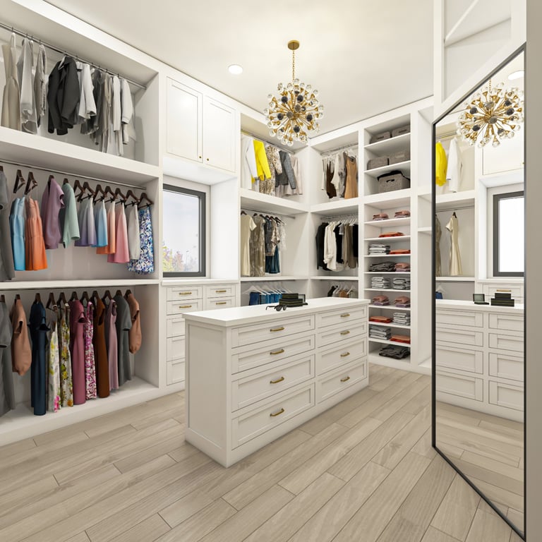Walk-in closet with white cabinetry and island
