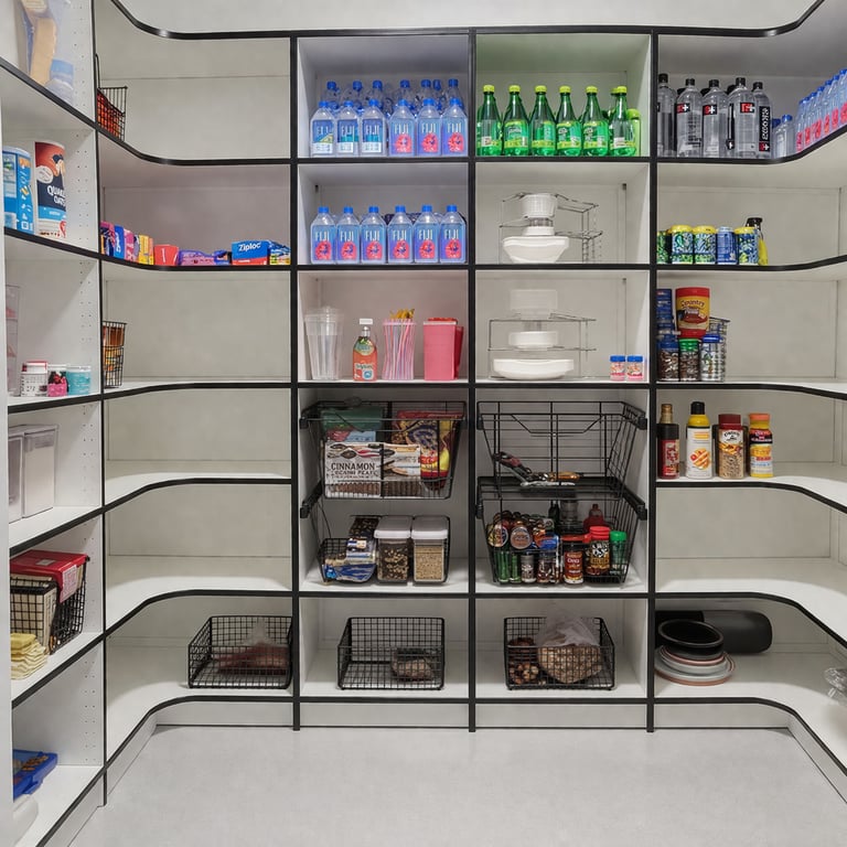 Pull-out shelves, baskets, and labeled zones for effortless meal prep.