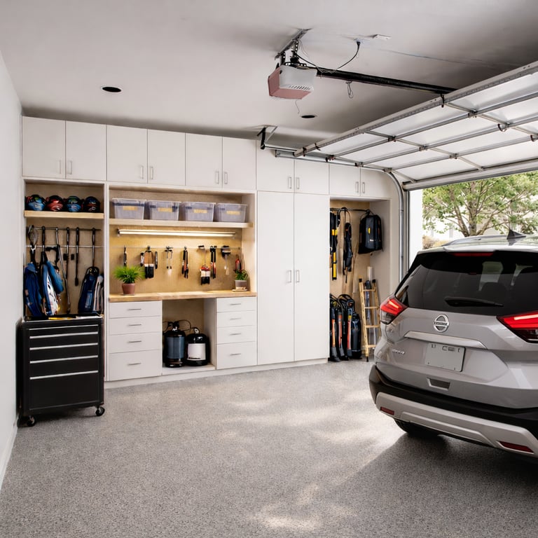 Garage storage with tools and cabinets