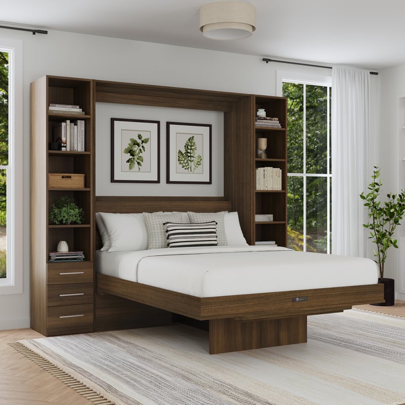 A warm wood bed with built-in shelving and integrated storage.