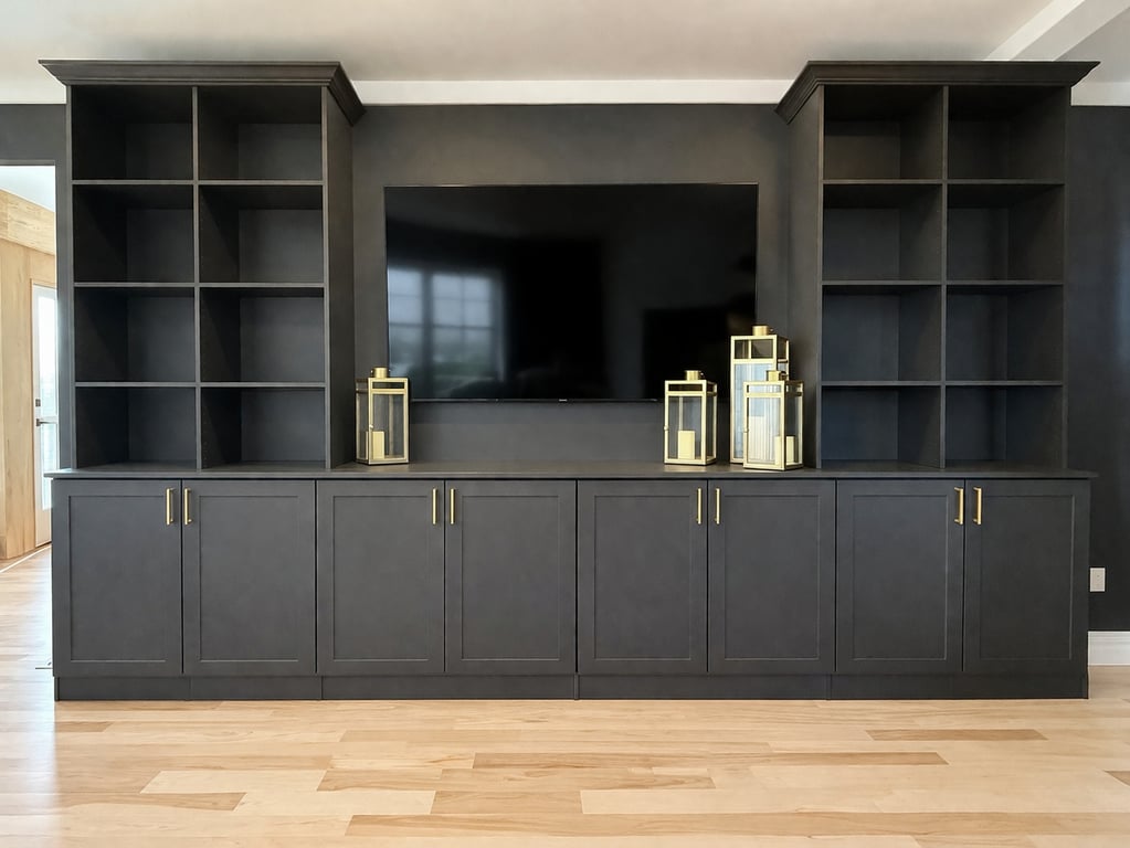 A clean, modern unit with integrated shelving and storage.