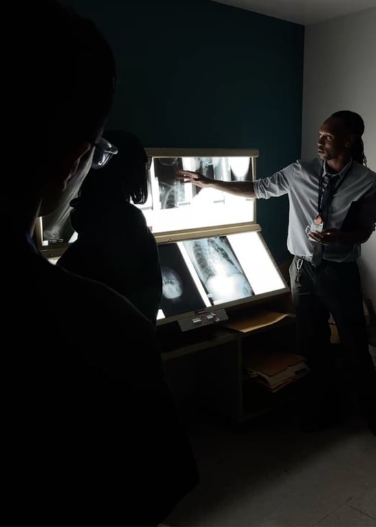 An instructor points to chest X-ray films on an illuminated viewbox while students observe in a darkened classroom.