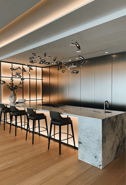 Premium bar counter with bronze wall panels