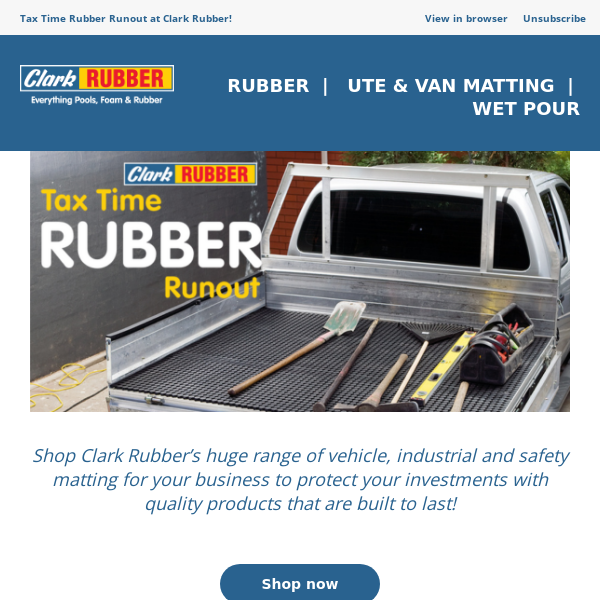 Tax Time Rubber Run Out. Upgrade your workspace with durable commercial Rubber from Clark Rubber