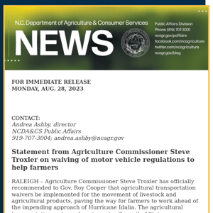 Statement from Agriculture Commissioner Steve Troxler on waiving of motor vehicle regulations to help farmers