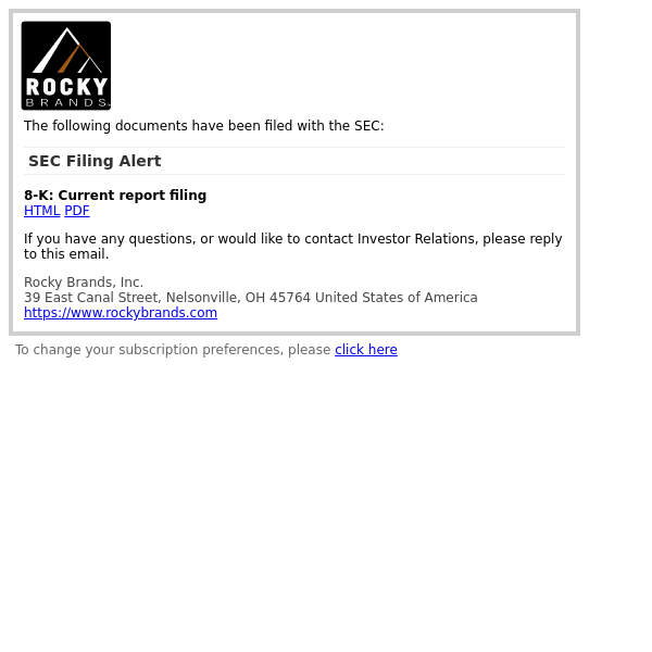 SEC Filing Alert for Rocky Brands, Inc.