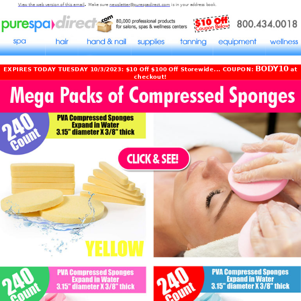 Pure Spa Direct! The Must-Have Tool for Spas & Salons: Compressed Sponges + $10 Off $100 or more of any of our 80,000+ products!