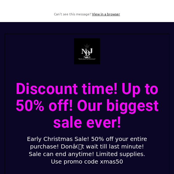 Discount time! Up to 50% off! Our biggest sale ever!