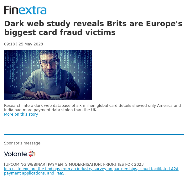 Finextra News Flash: Dark web study reveals Brits are Europe's biggest card fraud victims