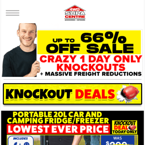 Up to 66% Off Sale - Price Dropped 1 Day Only Knockout Deals + Massive Freight Reductions