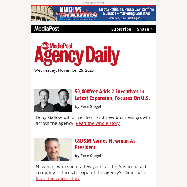 MediaPost Agency Daily: 50,000ft Focuses On U.S., GSD&M Gets New Prez, TV Ad Spend Boost