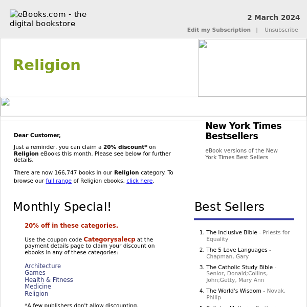 Religion : 20% Discount, See Coupon Code...