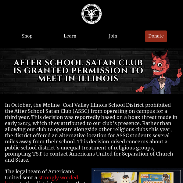 After School Satan Club Emerges Victorious in Illinois, TST Iowa Capitol Display Vandalism Elevated to Felony, Hate Crime