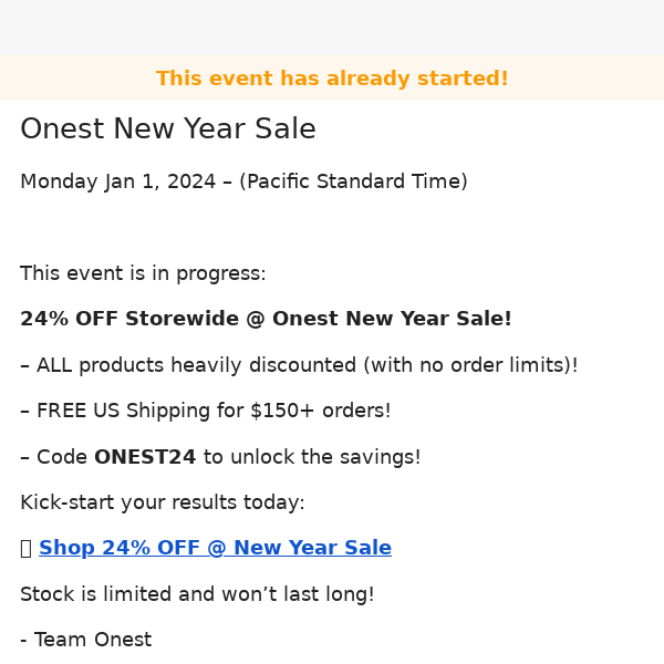 Notification: Onest New Year Sale @ Mon Jan 1, 2024
