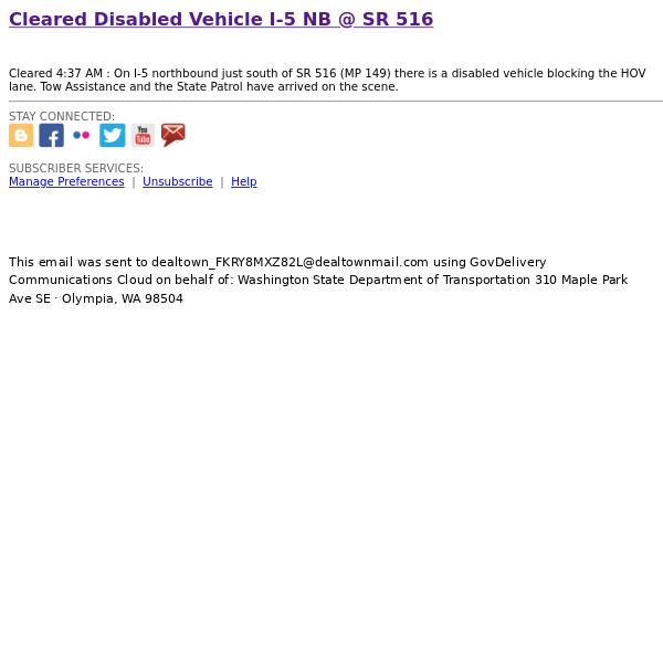 Disabled Vehicle I-5 NB @ SR 516