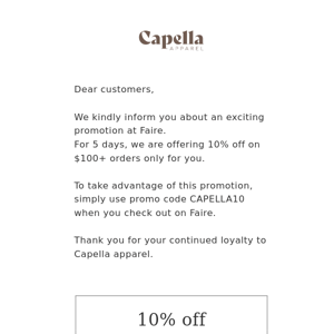 [Faire] Capella sent you a special promo code!