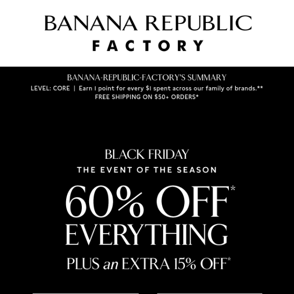 Black Friday savings await! Shop 60% off everything now.