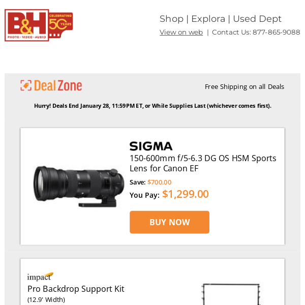 Today's Deals: Sigma 150-600mm f/5-6.3 Sports Lens for Canon EF, Impact Pro Backdrop Support Kit, Genaray Ultra-Thin Bicolor LED On-Camera Light, Watson Pro 14.4V 98Wh Micro V-Mount Battery w/ USB-C Port & More