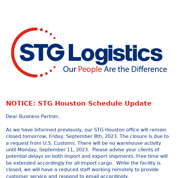 NOTICE: STG Houston Schedule Update