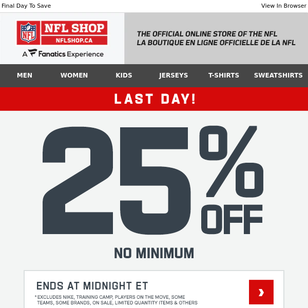 Time To Gear Up >> 25% Off Ends Tonight! - NFL Shop