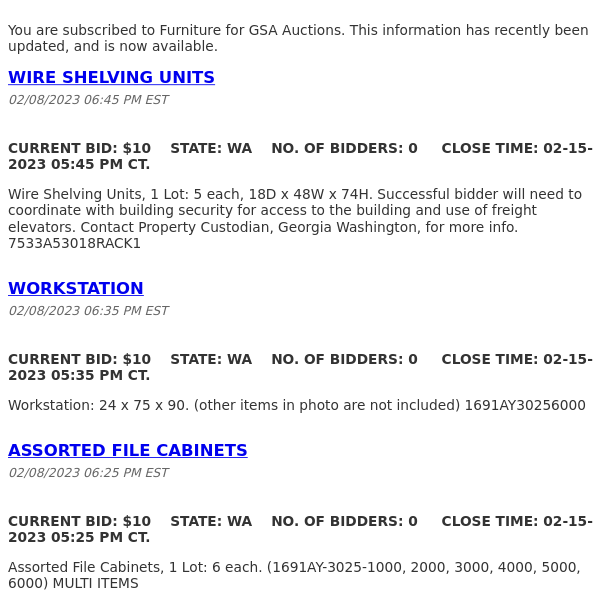 GSA Auctions Furniture Update