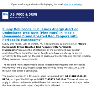 Sunny Dell Foods, LLC Issues Allergy Alert on Undeclared Tree Nuts (Pine Nuts) in "Rao’s Homemade Brand Roasted Red Peppers with Portobello Mushrooms"
