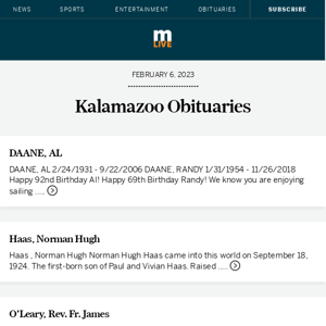 Today's Kalamazoo obituaries for February 6, 2023