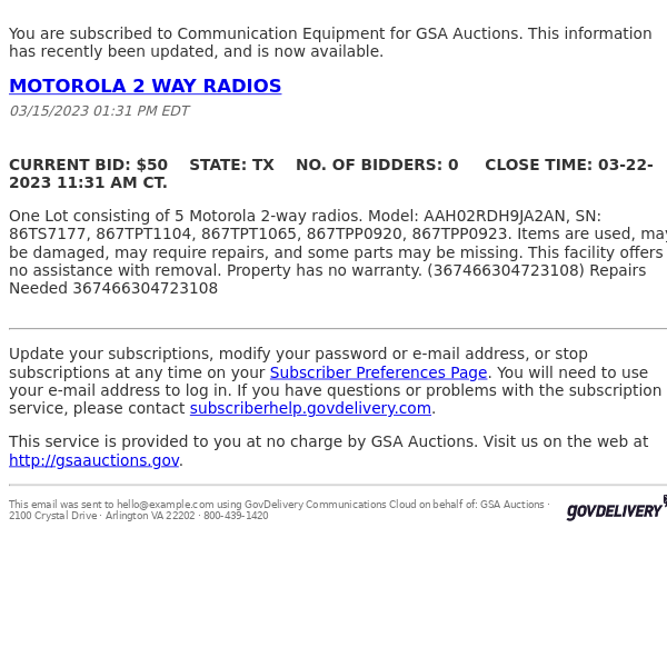 GSA Auctions Communication Equipment Update