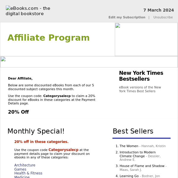 Affiliate Program : MARCH Discount Categories, 20% Off, See Coupon Code...