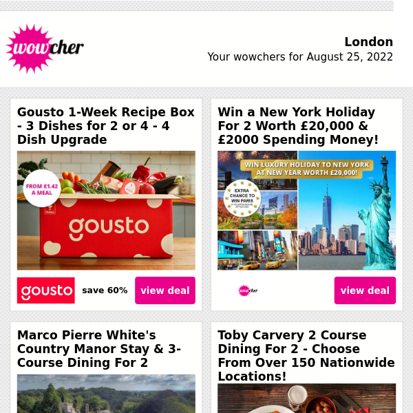 1-Week Gousto Recipe Box For 2 £12 | Win A Luxury New York NYE Holiday! | Marco Pierre White's Country Manor For 2 | Toby Carvery Dining For 2 £17.50 | Microsoft Office Home & Student 2019 £24.99