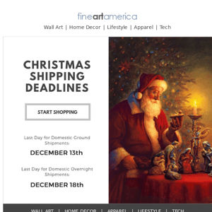 Last Day for Holiday Overnight Shipments!  Wall Art, Apparel, Puzzles, Phone Cases, and More