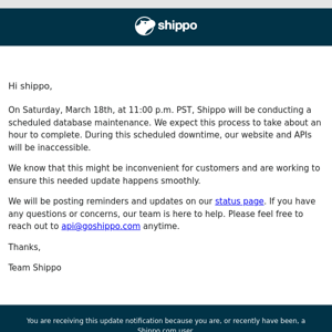 Important notice: Shippo database maintenance