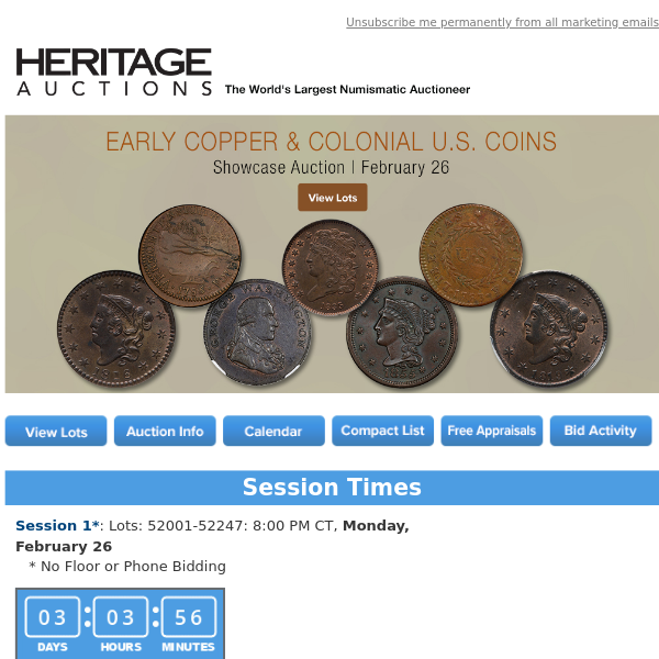 Ending Soon: February 26 Early Copper & Colonial  US Coins Showcase Auction