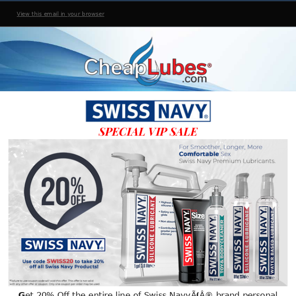 🔷CheapLubes Vip Sale: 20% Off Swiss Navy. Expires Wednesday, March 9th. (A)