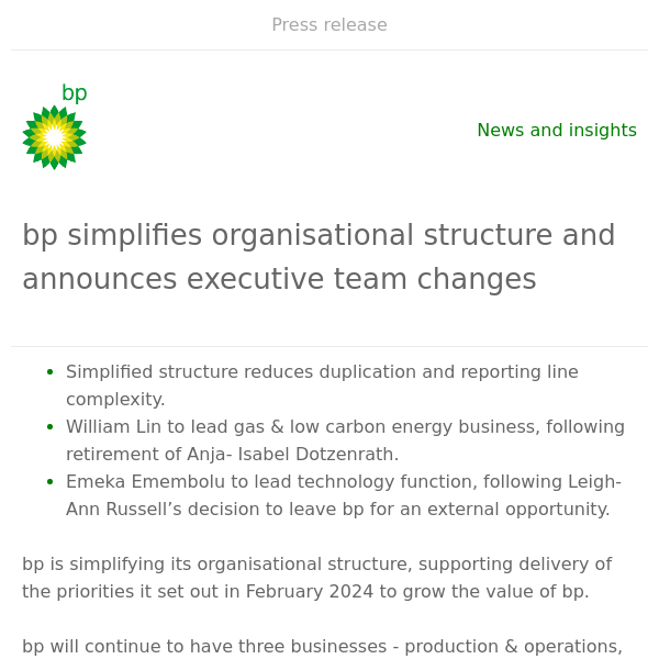 bp simplifies organisational structure and announces executive team changes  - bp