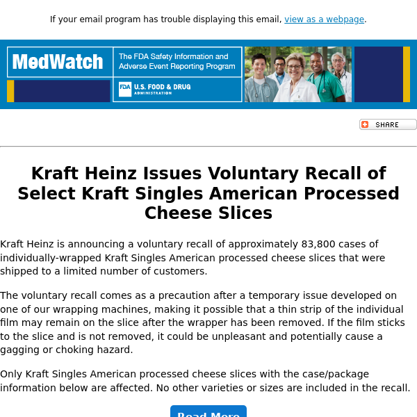 FDA MedWatch - Kraft Heinz Issues Voluntary Recall of Select Kraft Singles American Processed Cheese Slices