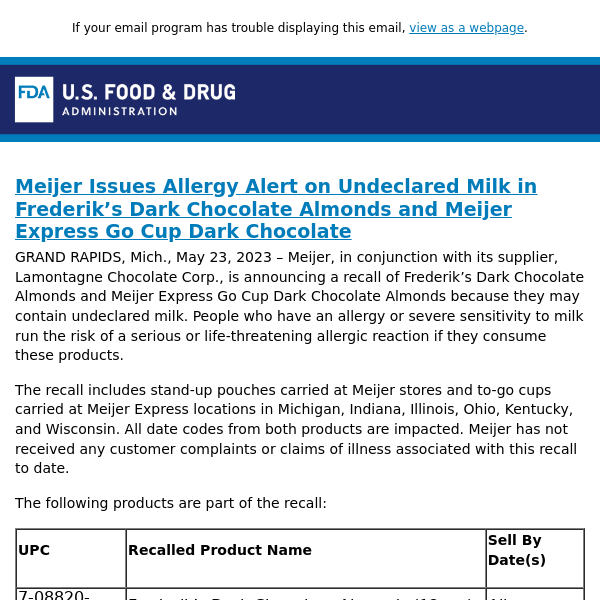 Meijer Issues Allergy Alert on Undeclared Milk in Frederik’s Dark Chocolate Almonds and Meijer Express Go Cup Dark Chocolate