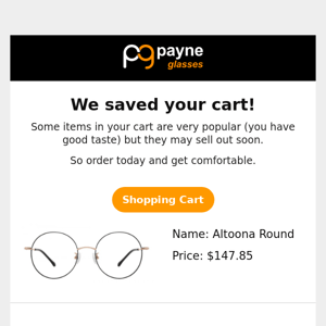Payne Glasses, we noticed you were shopping on our site and you left some items behind in your cart!