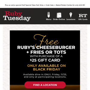 FREE Ruby's Cheeseburger w/ $25 Gift Card Purchase - Today ONLY!