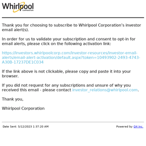 Whirlpool Corporation Website - Validate Account