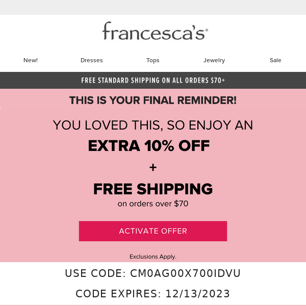 FINAL REMINDER: EXTRA 10% OFF Your Item